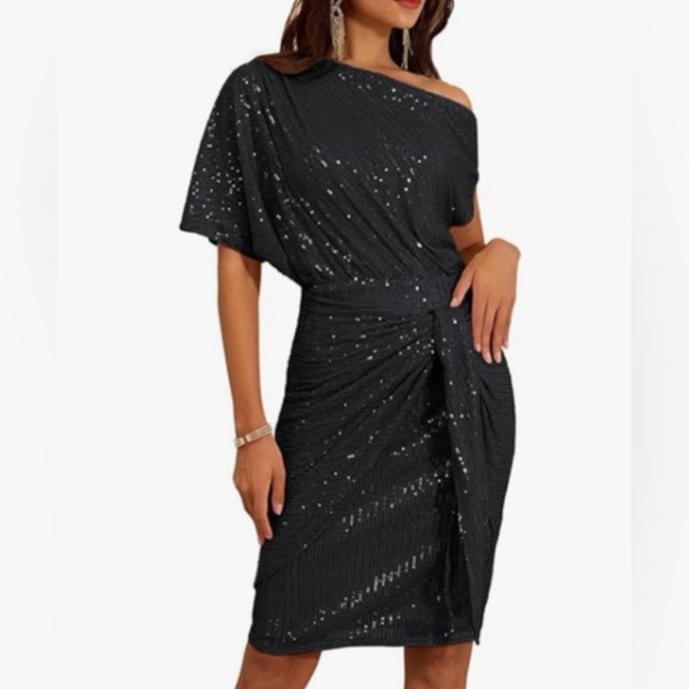 NWT Grace Karin | Women’s Black Sequin Asymmetrical Front Tie Party Dress Size L